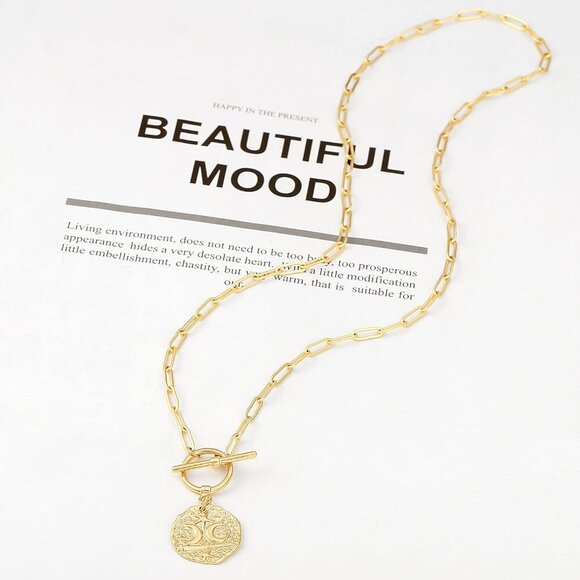 18K Gold Moon Star Lion Evil Eye Love Heart Pendant Necklace Medallion Paperclip - Picture 6 of 7